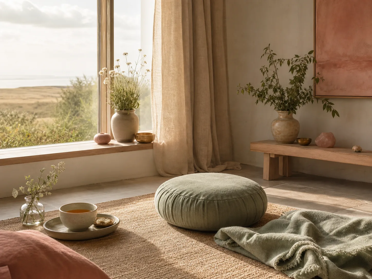 A calm retreat room with a meditation cushion and soft natural light