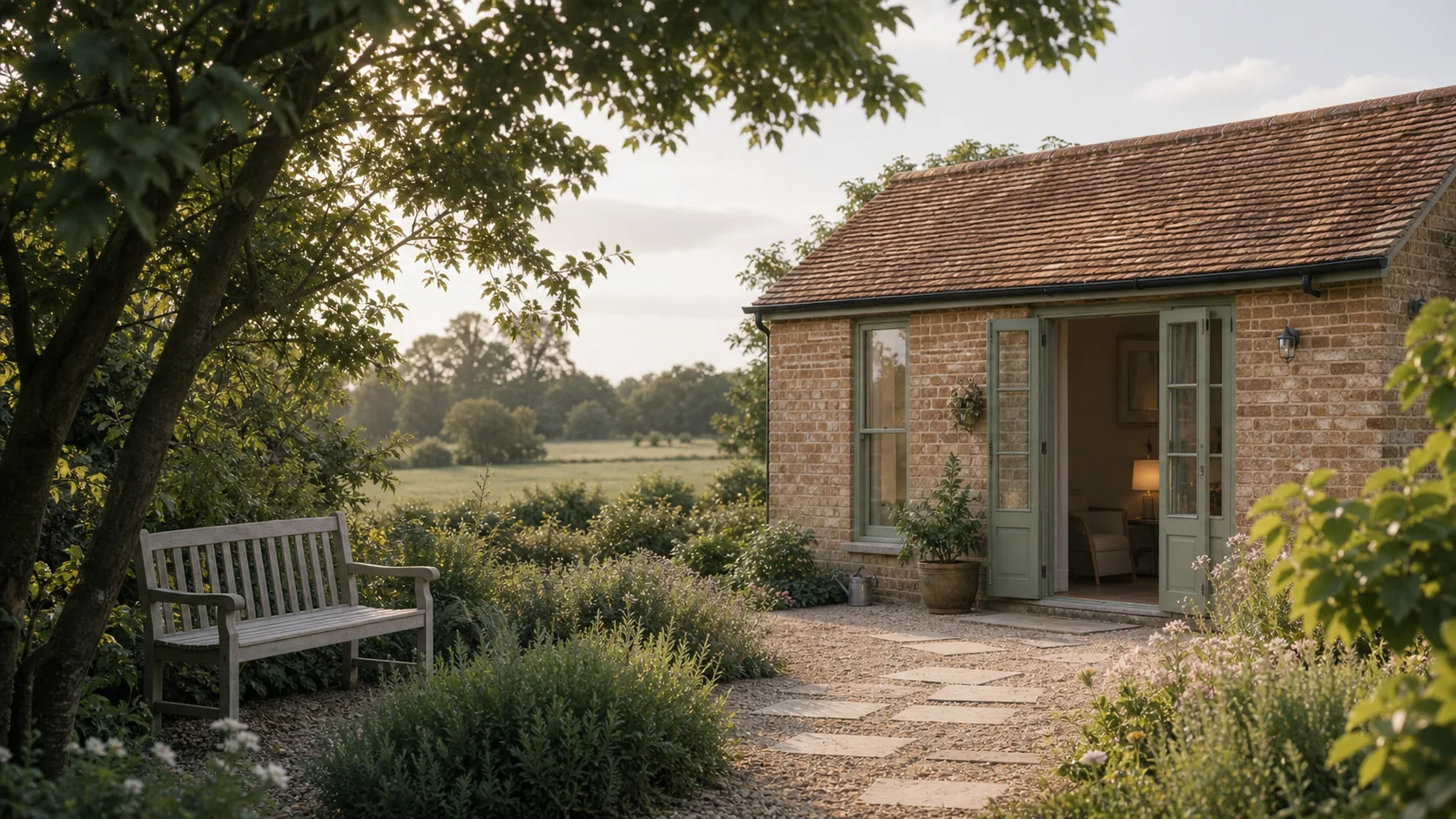 A quiet garden retreat cottage in soft morning light
